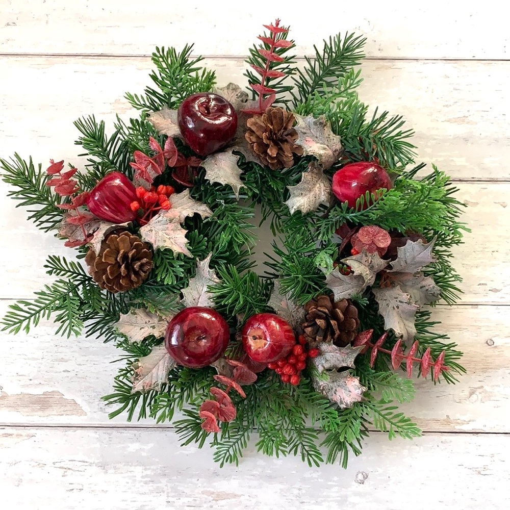 Christmas Holiday Winter Wreath Faux Artificial Plants Red Apples Berries 14in